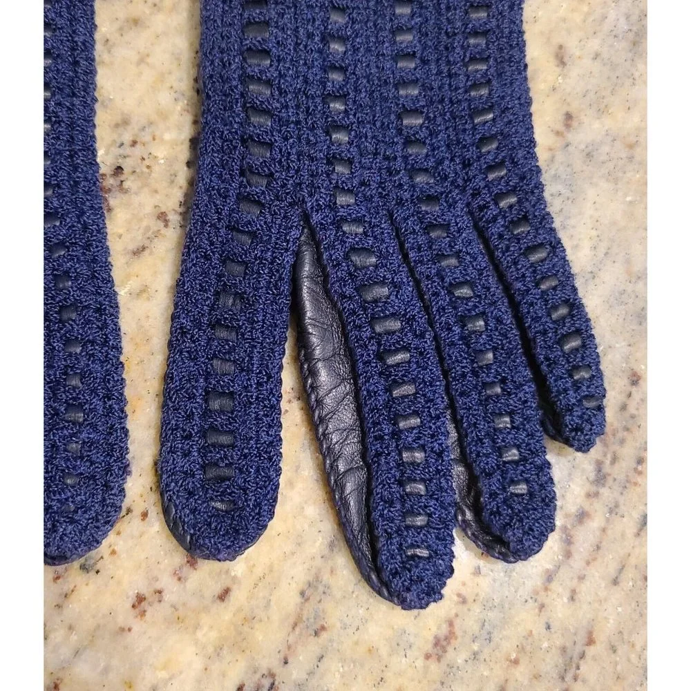 Vintage Size M 7 Blue Leather And Knit Handmade Gloves Hammer Of Hollywood